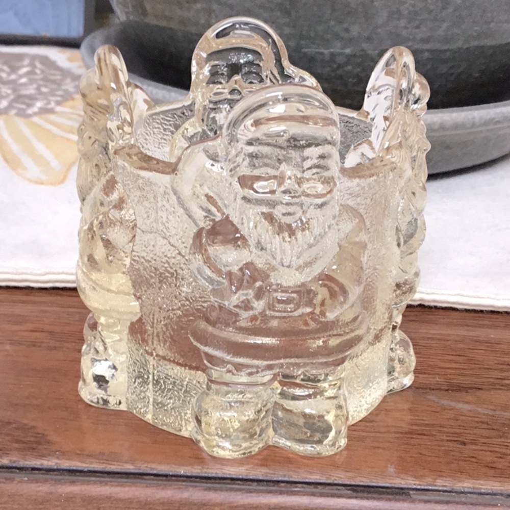 HEAVY vintage light yellow cut glass Santa votive candle holder.